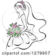 Poster, Art Print Of Sketched Bride With Pink Flowers In Her Hair And Bouquet
