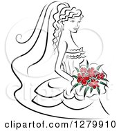Poster, Art Print Of Sketched Black And White Bride With Red Flowers In Her Bouquet