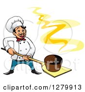 Poster, Art Print Of Happy Cartoon Male Chef With A Fresh Hot Rye Bread On A Peel