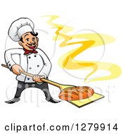 Poster, Art Print Of Happy Cartoon Male Chef With A Fresh Hot Bread Loaf On A Peel