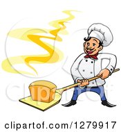 Poster, Art Print Of Happy Cartoon Male Chef Holding A Fresh Hot Bread Loaf On A Peel