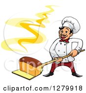 Poster, Art Print Of Happy Cartoon Male Chef Holding A Fresh Hot Bread Loaf On A Peel
