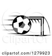 Poster, Art Print Of Black And White Flying Soccer Ball And Goal Net