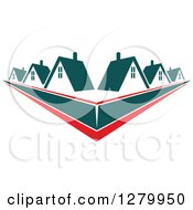 Poster, Art Print Of Houses With Teal Roofs And Red Swooshes
