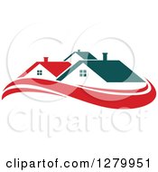 Poster, Art Print Of Houses With Teal Roofs And Red Swooshes 2
