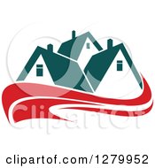 Poster, Art Print Of Houses With Teal Roofs And Red Swooshes 3