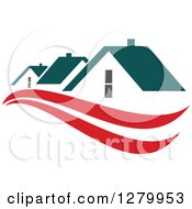 Poster, Art Print Of Houses With Teal Roofs And Red Swooshes 4