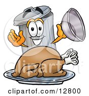 Garbage Can Mascot Cartoon Character Serving A Thanksgiving Turkey On A Platter by Mascot Junction