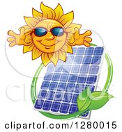 Poster, Art Print Of Welcoming Sun Wearing Shade Over A Solar Panel Encircled With A Swoosh And Green Leaves