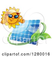 Poster, Art Print Of Sun Holding A Thumb Up Over A Solar Panel Encircled With A Swoosh And Green Leaves
