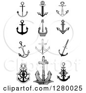 Clipart Of Black And White And Gray Nautical Anchor Designs Royalty Free Vector Illustration