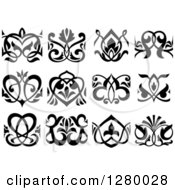 Clipart Of Black And White Ornate Floral Designs And Hearts Royalty Free Vector Illustration