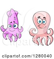 Clipart Of A Cute Cartoon Pink Octopus And Purple Squid Royalty Free Vector Illustration