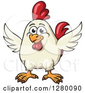 Poster, Art Print Of Happy White Cartoon Chicken Over Farm Text