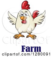 Clipart Of A Happy White Cartoon Chicken Over Farm Text Royalty Free Vector Illustration