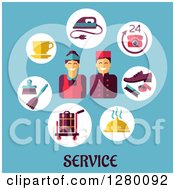 Poster, Art Print Of Happy Hotel Service Workers And Icons Over Text On Blue