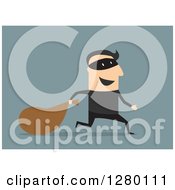 Poster, Art Print Of Happy Male Bank Robber Running With A Sack On Blue