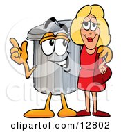 Garbage Can Mascot Cartoon Character Talking To A Pretty Blond Woman