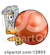 Clipart Picture Of A Garbage Can Mascot Cartoon Character Standing With A Christmas Bauble by Toons4Biz