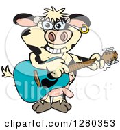 Poster, Art Print Of Happy Holstein Cow Playing An Acoustic Guitar