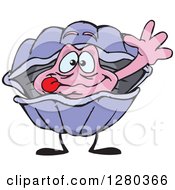 Clipart Of A Happy Clam Waving And Looking Out Of Its Shell Royalty Free Vector Illustration by Dennis Holmes Designs