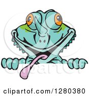 Clipart Of A Happy Chameleon Lizard Peeking Over A Sign Royalty Free Vector Illustration