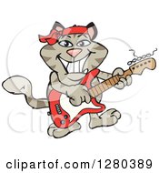 Clipart Of A Happy Tabby Cat Playing An Electric Guitar Royalty Free Vector Illustration