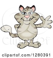 Clipart Of A Happy Striped Tabby Cat Waving Royalty Free Vector Illustration