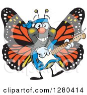 Clipart Of A Happy Monarch Butterfly Playing An Electric Guitar Royalty Free Vector Illustration
