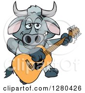 Poster, Art Print Of Happy Brahman Bull Playing An Acoustic Guitar