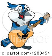 Clipart Of A Happy Blue Jay Playing An Acoustic Guitar Royalty Free Vector Illustration