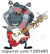 Clipart Of A Happy Rhino Beetle Playing An Electric Guitar Royalty Free Vector Illustration