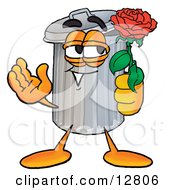 Poster, Art Print Of Garbage Can Mascot Cartoon Character Holding A Red Rose On Valentines Day