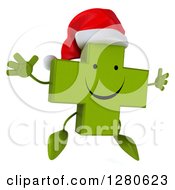 Clipart Of A 3d Happy Green Christmas Holistic Cross Character Jumping Royalty Free Illustration