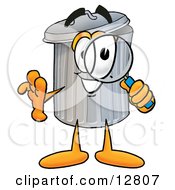 Poster, Art Print Of Garbage Can Mascot Cartoon Character Looking Through A Magnifying Glass