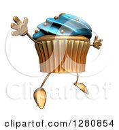 Clipart Of A 3d Acrylic Blue Frosted Cupcake Character Facing Right And Jumping Royalty Free Illustration