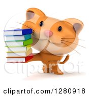 Clipart Of A 3d Ginger Cat Holding A Stack Of Books Royalty Free Illustration