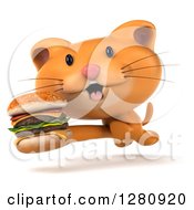 Clipart Of A 3d Ginger Cat Running With A Double Cheeseburger Royalty Free Illustration