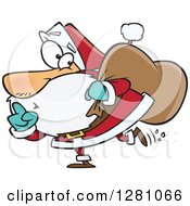 Clipart Of A Sneaky Santa Claus Gesturing Silence And Tip Toeing On Christmas Eve Royalty Free Vector Illustration