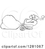 Clipart Cartoon Of A Black And White Struggling Santa Clause Pulling A Heavy Christmas Sack Royalty Free Vector Illustration