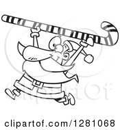 Poster, Art Print Of Black And White Happy Santa Clause Carrying A Giant Christmas Candy Cane Over His Head