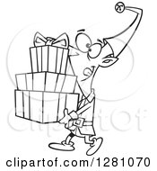 Poster, Art Print Of Black And White Cartoon Happy Christmas Elf Carrying A Stack Of Presents