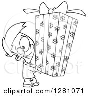 Poster, Art Print Of Black And White Cartoon Happy Little Boy Holding A Big Christmas Gift