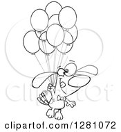 Cartoon Clipart Of A Black And White Cartoon Happy Dog Foating With A Bunch Of Party Balloons Royalty Free Vector Illustration by toonaday