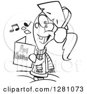 Cartoon Clipart Of A Black And White Cartoon Festive Little Girl Singing Christmas Carols Royalty Free Vector Illustration