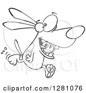 Cartoon Clipart Of A Black And White Cartoon Happy Dog Fetching A Duck Royalty Free Vector Illustration