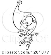 Cartoon Clipart Of A Black And White Cartoon Happy Young Christmas Elf Jumping Royalty Free Vector Illustration