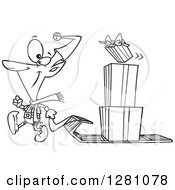 Cartoon Clipart Of A Black And White Cartoon Happy Christmas Elf Pulling A Stack Of Presents On A Sled Royalty Free Vector Illustration