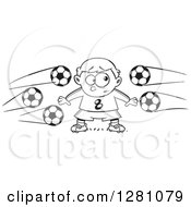 Poster, Art Print Of Black And White Cartoon Nervous Goal Tender Boy With Soccer Balls Flying At Him