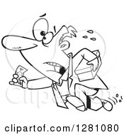 Poster, Art Print Of Black And White Cartoon Last Minute Man Running With Cash And A Box